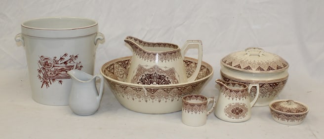 English Staffordshire Copeland & Sons transferware wash set plus  a waste basket/ slop jar &