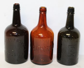 Lot of 3 antique quart sized water bottles in amber, dark amber & Stoddard green - 9 1/2"-10" tall