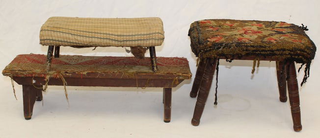 Lot of 3 antique footstools w upholstery covered tops - 6"x15"x7"; 7"x24"x7" & 12"x14"x10"