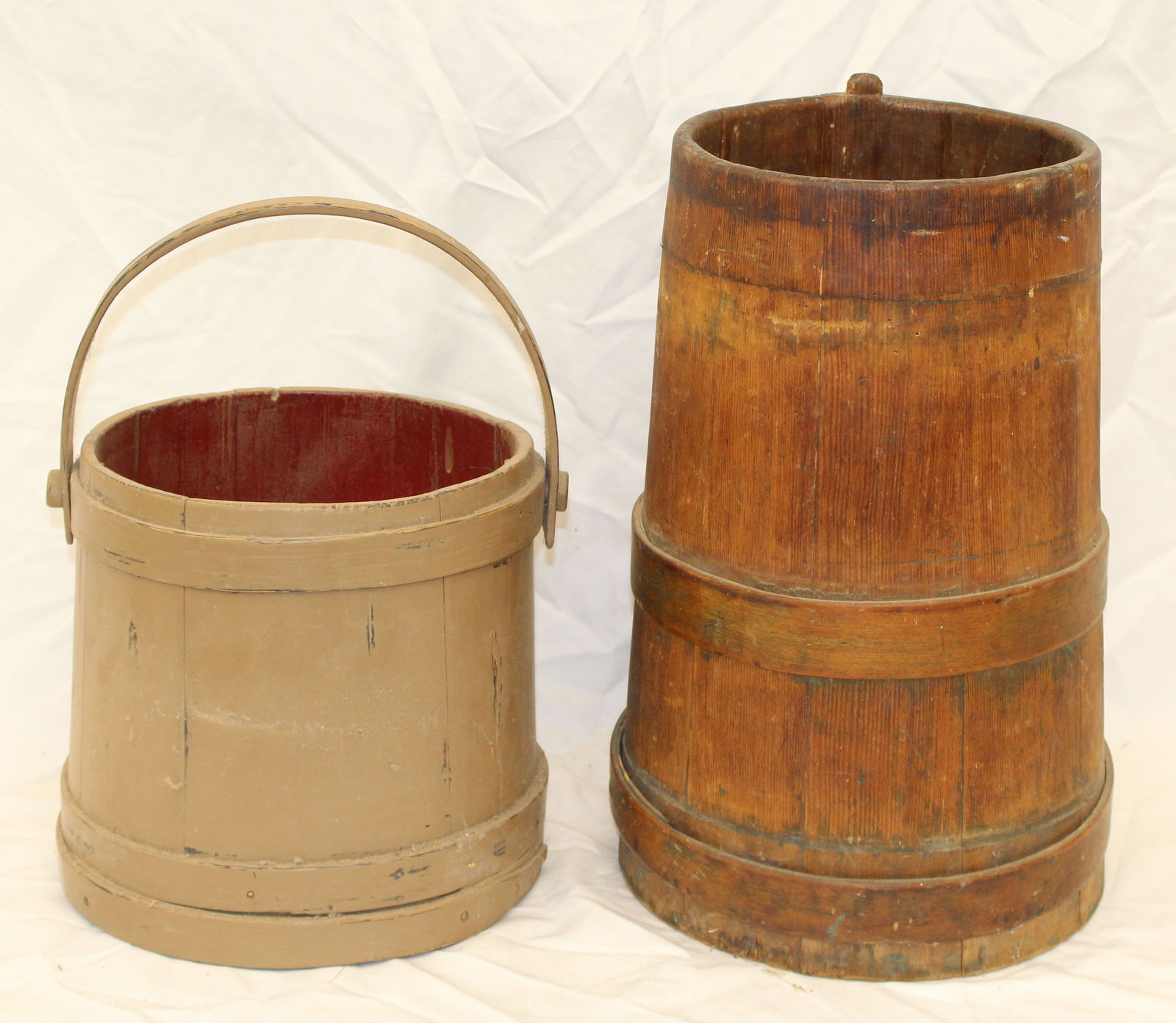 Antique wooden butter churn & firkin in cream paint - 10 1/2" x10" diam & 17 1/2"x9" diam (1 of 7)