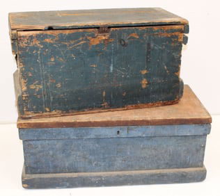Lot of 2 antique wooden boxes - tool chest & shipping crate - in blue paint - 13"x21"x16" &