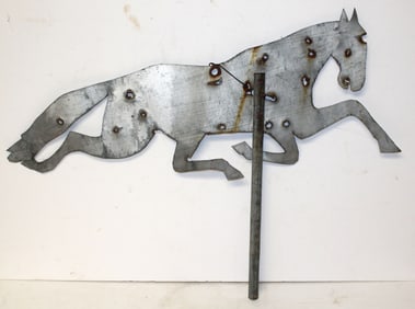 Vintage sheet metal running horse weathervane w bullet holes - 24" overall height x 32" long