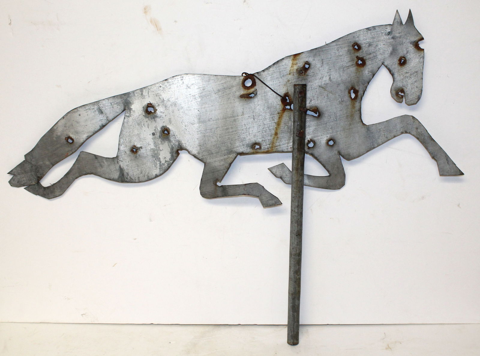 Vintage sheet metal running horse weathervane w bullet holes - 24" overall height x 32" long (1 of 6)