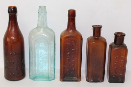 Lot of 5 vintage bottles - 4 amber & 1 aqua - 6 1/2" - 9 1/2" tall