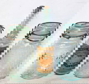 Lot of 3 aqua glass items - 2 jars & a bottle w orig label - 7 1/2" - 10" tall