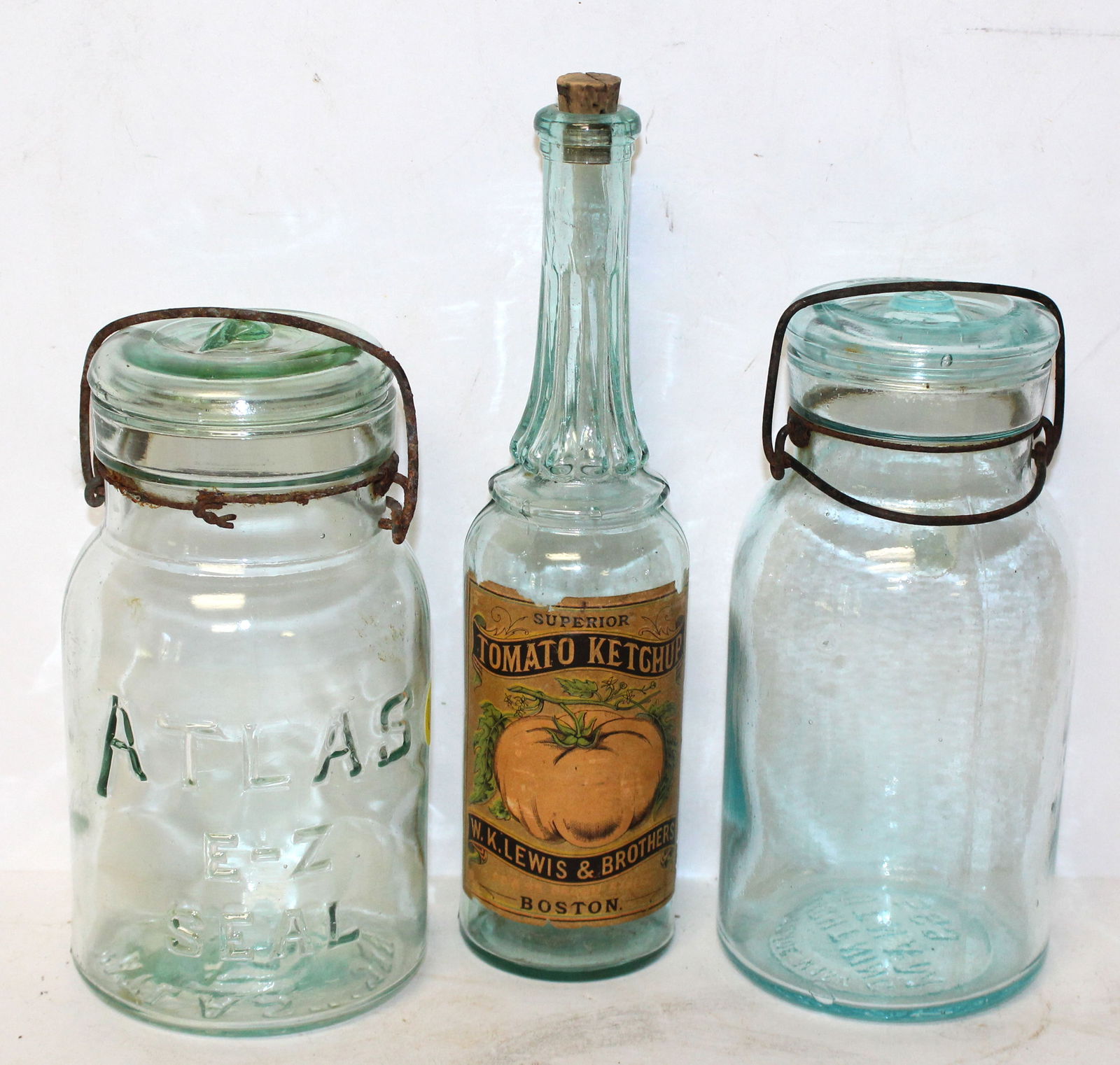 Lot of 3 aqua glass items - 2 jars & a bottle w orig label - 7 1/2" - 10" tall (1 of 9)