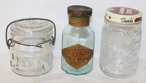 Lot of 3 glass food jars - 1 w orig label - 4" - 5 1/4" tall