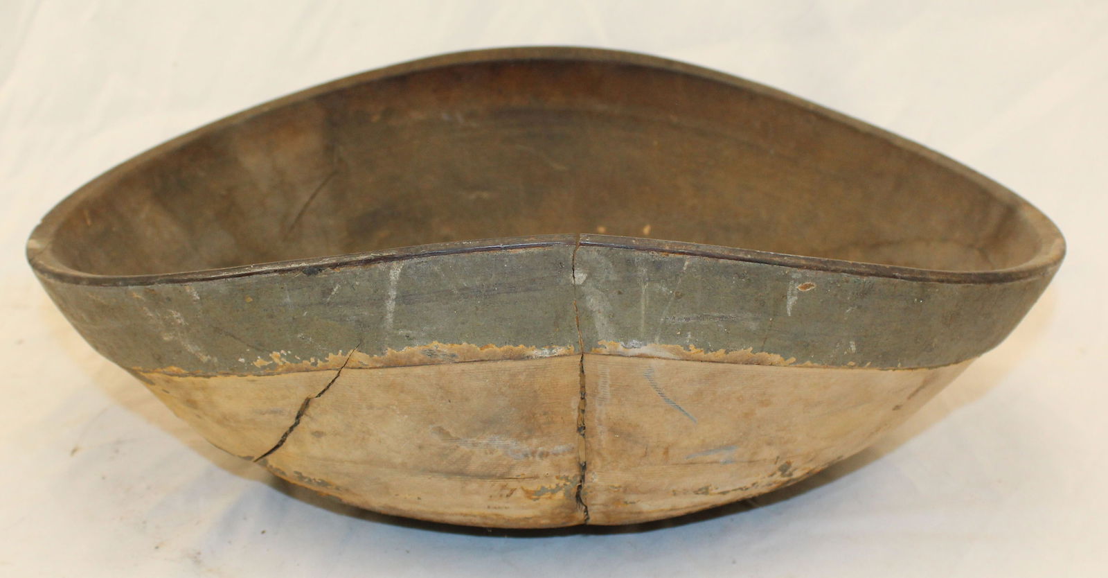 Antique large old bowl w traces of paint - 6 1/2" tall x 18 1/2" diam out of round (1 of 5)