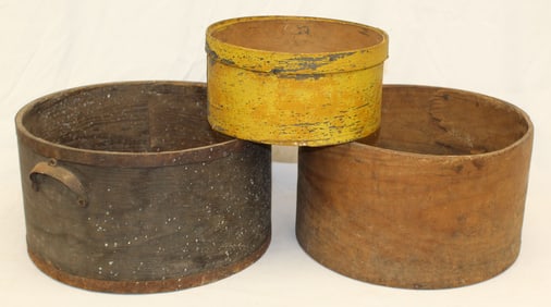 Lot of 3 antique measures incl 1 iron banded w handles, 1 in yellow paint & 1 attic surface - 5"
