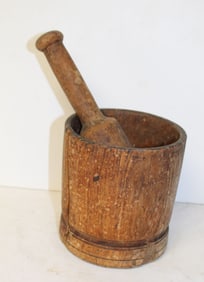 Antique wooden mortar & pestle - 6" tall x 5 1/2" diam mortar w 9" pestle