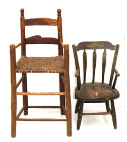 Lot of 2 antique child's chairs incl ladderback youth high chair in red & as found arrow back