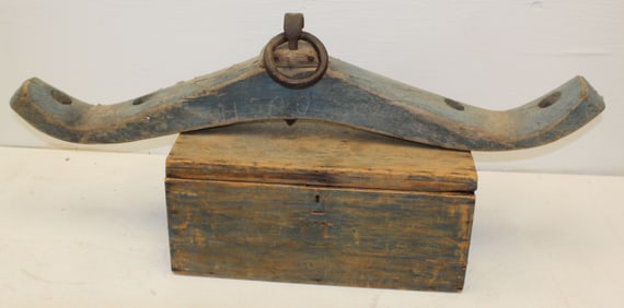 Antique yoke & wooden box both in old blue paint - 11" tall x 23 1/2" wide x 12 1/2" deep box & 49"