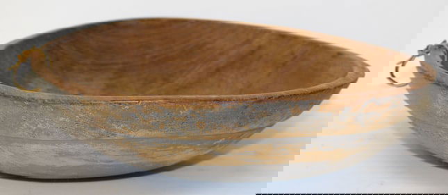 Antique wooden bowl in blue paint - 3 1/2" tall x 15" diam out of round