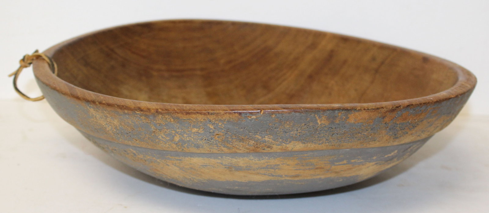 Antique wooden bowl in blue paint - 3 1/2" tall x 15" diam out of round: Antique wooden bowl in blue paint - 3 1/2" tall x 15" diam out of round