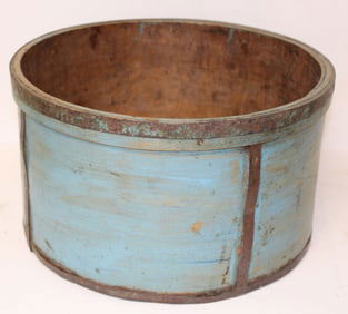 Antique large wooden iron banded measure in blue paint - 8 1/2" tall x 14 1/2" diam