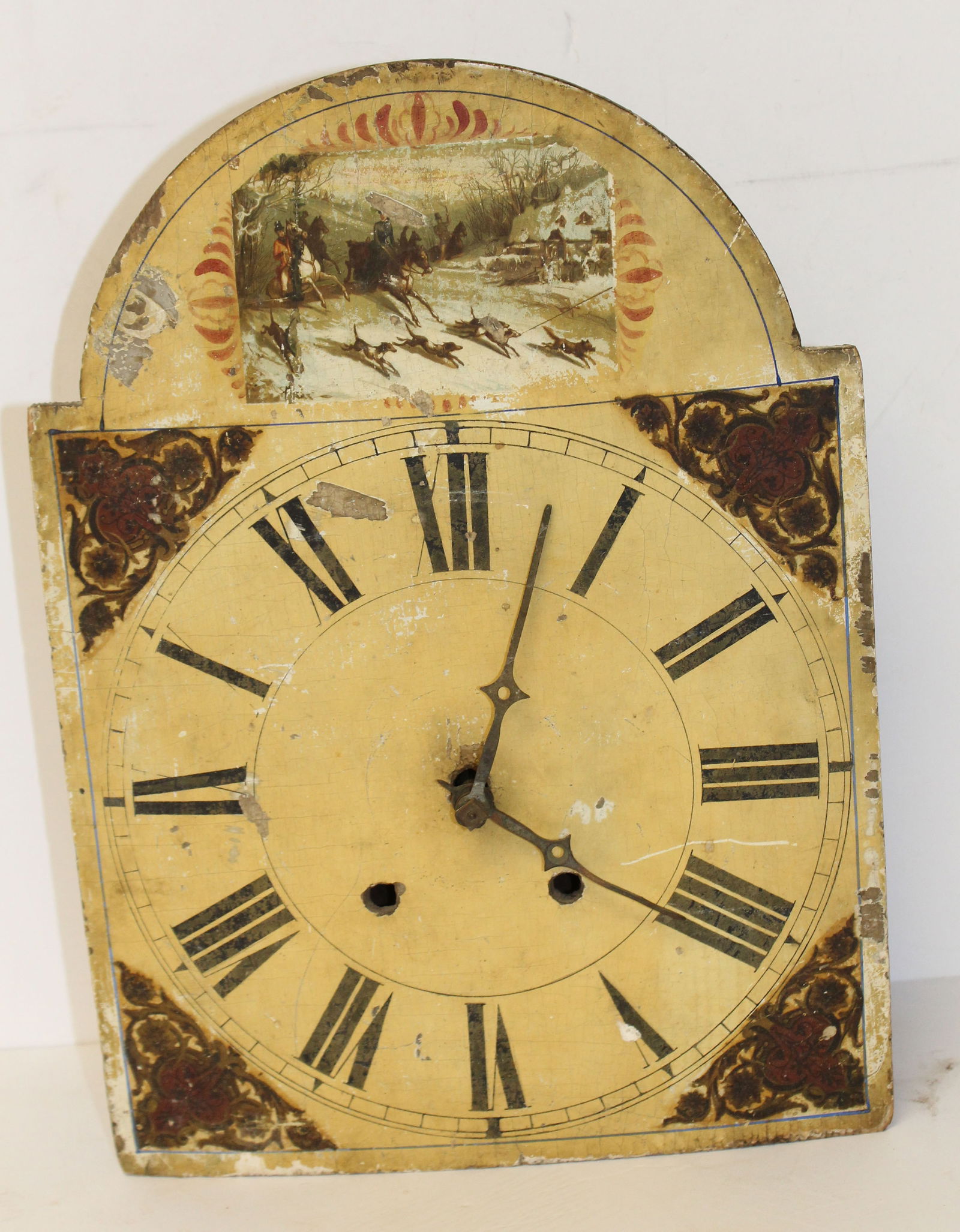 Antique tall clock face & forks w hand painted hunt scene on face - 15" tall x 11"x5 1/4" deep (1 of 6)