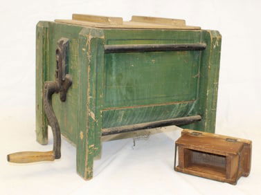 Antique butter churn in green paint w butter mold - 15 1/2" tall x 14" x 16 1/2"