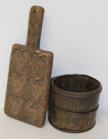 Antique wooden heart cut out lolli pop handled candy/cookie mold plus small iron banded bucket - 5"
