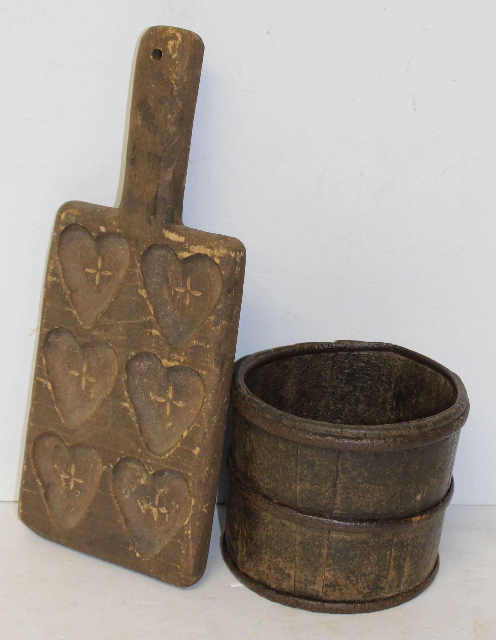 Antique wooden heart cut out lolli pop handled candy/cookie mold plus small iron banded bucket - 5" (1 of 7)