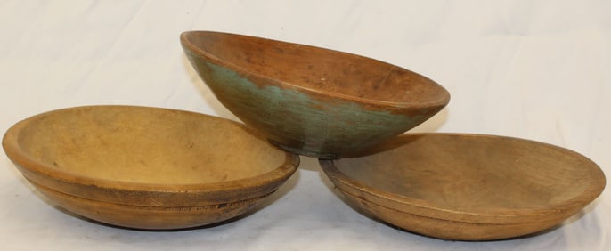 Lot of 3 antique wooden bowls - 1 in later green paint - 10 1/4", 10 1/2" & 11" diam