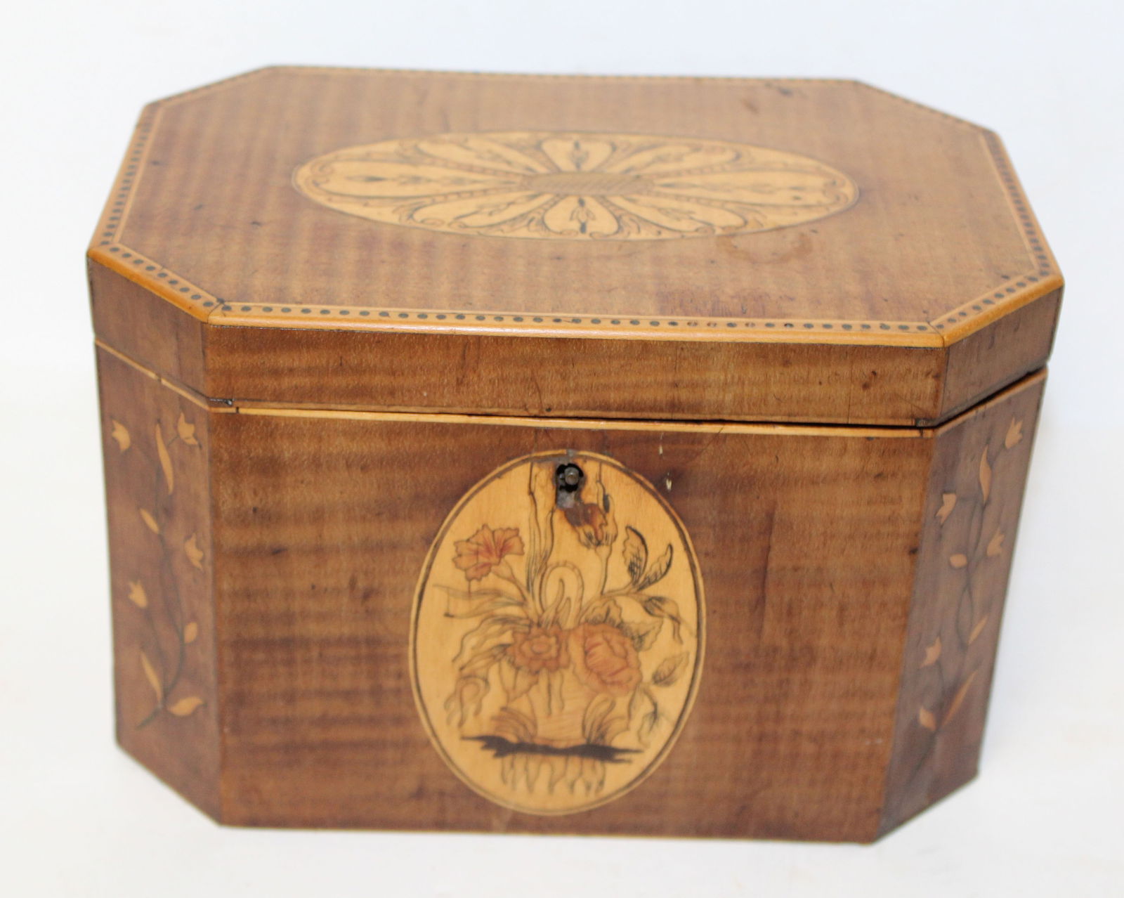 Antique floral inlaid tea caddy - 5" tall x 7 1/2" wide x 5" deep (1 of 6)