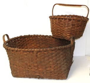 Lot of 2 antique baskets - large 2 handled & smaller fixed handled - 12" tall x 13" diam & 12" tall