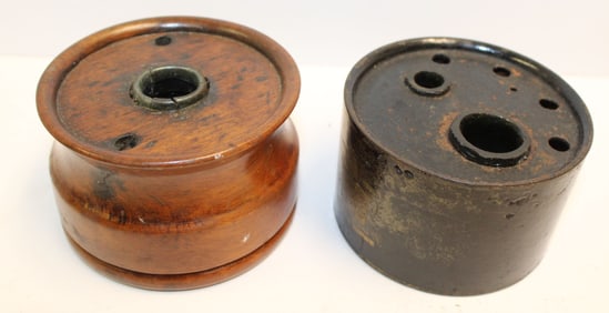 Lot of 2 inkwells - wooden & redware - approx 2 1/2" tall x 3 1/2" diam