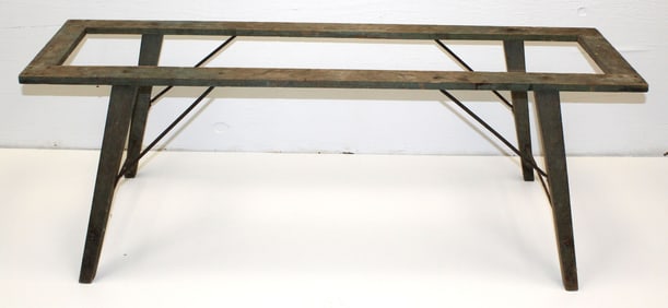 Antique splay leg wash tub bench in blue paint - 19" tall x 54" long x 16" deep