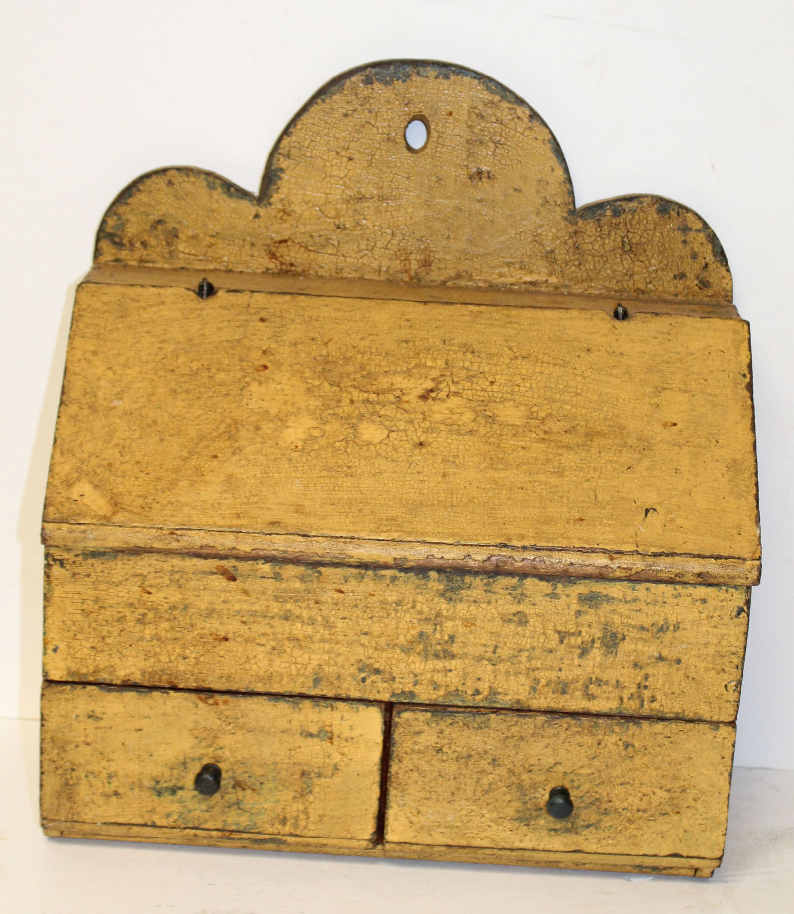 Primitive antique style Wall box w 2 drawers & slant lift top in mustard paint - 15"x13"x6" (1 of 7)