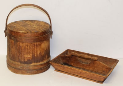 Antique treen lot w firkin & utility carrier - 10" tall x 9 1/2" diam firkin & 3 1/2" tall x 13