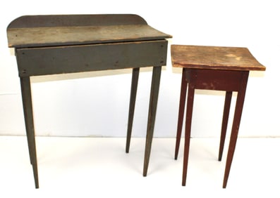 Lot of 2 antique Country Hepplewhite tables in dark green & red paint - as found - 29" tall x
