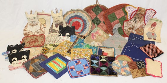 Large lot of antique fabric trivets & pot holders