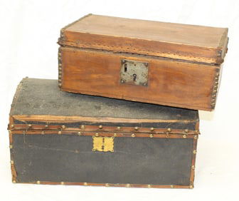 Lot of 2 antique brass tacked boxes