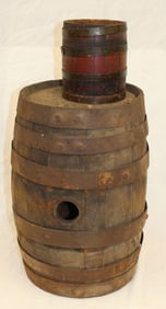 Lot of 2 antique wooden barrels - large 17" tall x 10 1/2" diam & small 6 1/2" tall x 5 1/4" diam