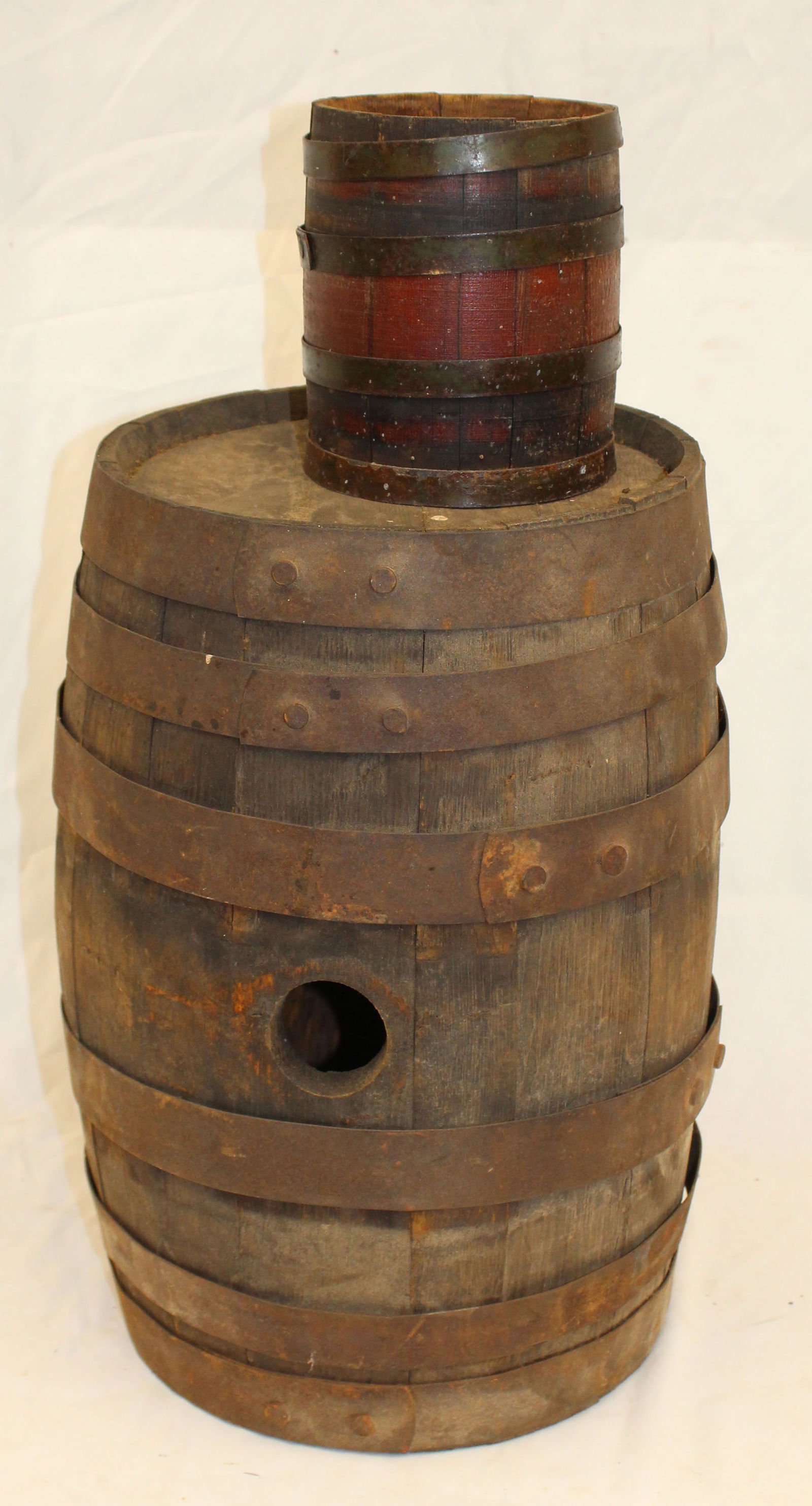 Lot of 2 antique wooden barrels - large 17" tall x 10 1/2" diam & small 6 1/2" tall x 5 1/4" diam (1 of 6)