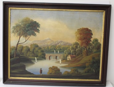 19thC Hudson River o/c landscape w sailboats - overall framed size