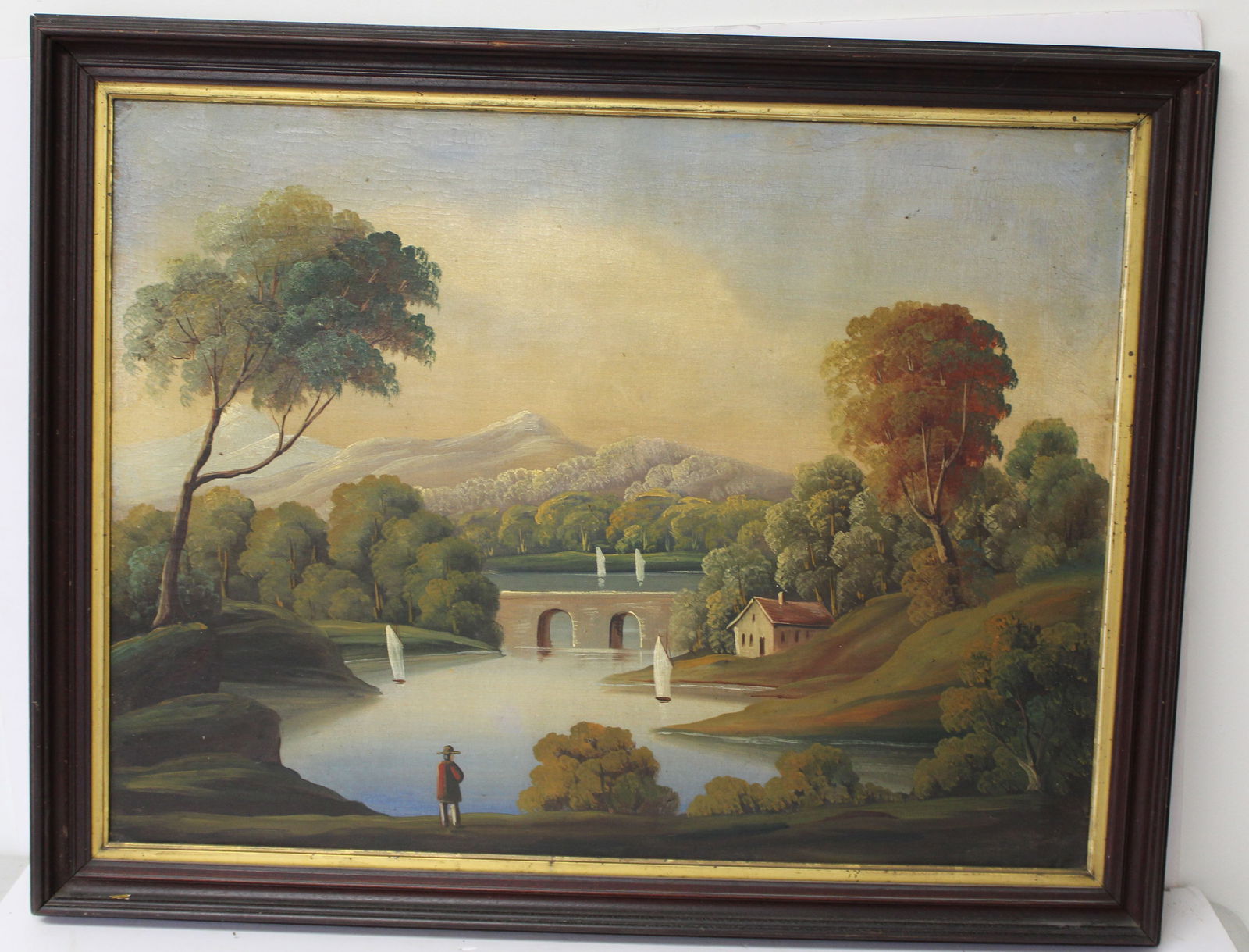 19thC Hudson River o/c landscape w sailboats - overall framed size (1 of 10)