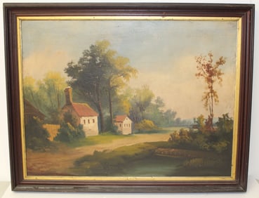 19thC Hudson River o/c landscape w house in country landscape