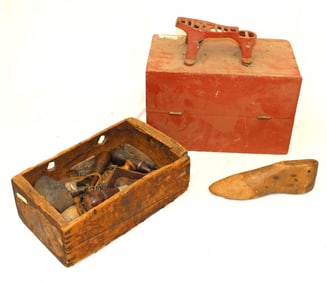 Antique shoe shine box w box of tools & wooden shoe form - 4 1/2" x 11"x7"
