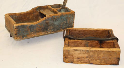 Antique wooden tool bench on legs plus a wooden tool box w leather strap