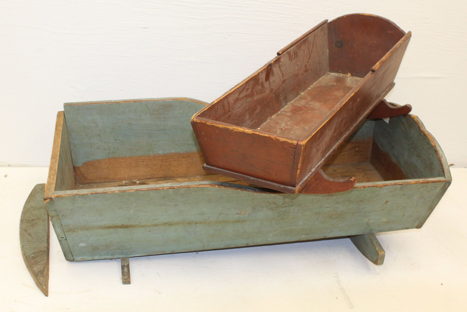Lot of 2 antique wooden cradles in red & green paint - as found: Lot of 2 antique wooden cradles in red & green paint - as found
