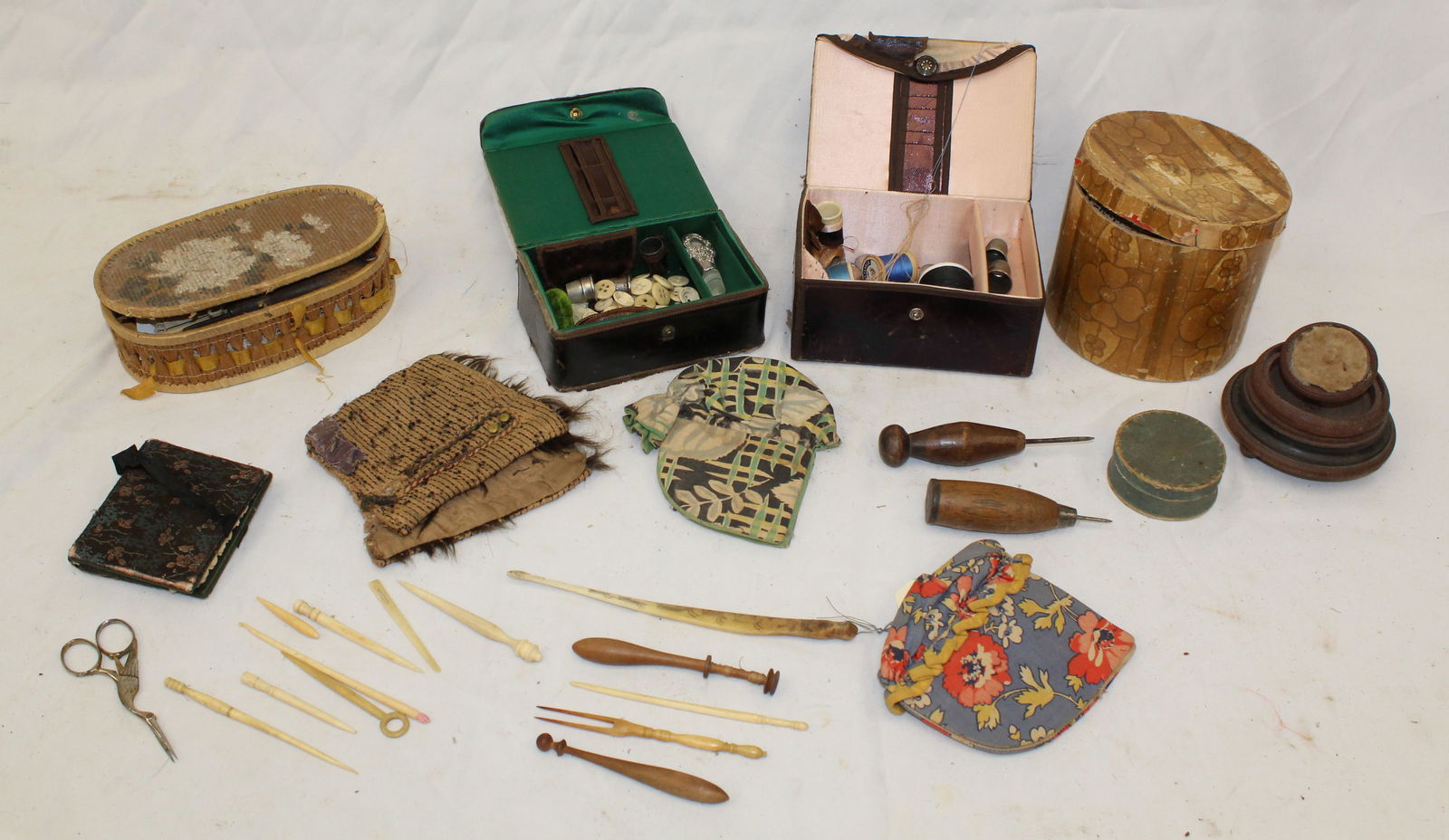 Antique sewing lot w boxes, tools, needle cases, pin cushion, etc (1 of 17)