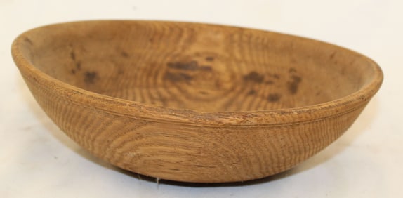 Antique chestnut wooden bowl in old surface - 7 1/2"x8" out of round
