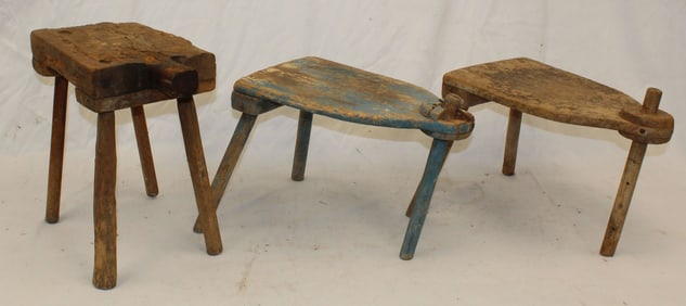 Lot of 3 antique country stools incl milking stool plus 2 tri legged stools - 15"x17"x9" & 11"x16" x