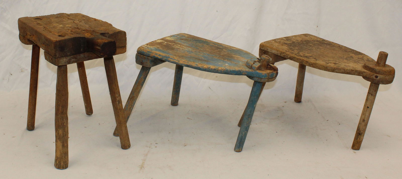 Lot of 3 antique country stools incl milking stool plus 2 tri legged stools - 15"x17"x9" & 11"x16" x (1 of 6)