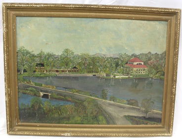 Unsigned o/bd landscape w houses & bridge over water - overall framed size