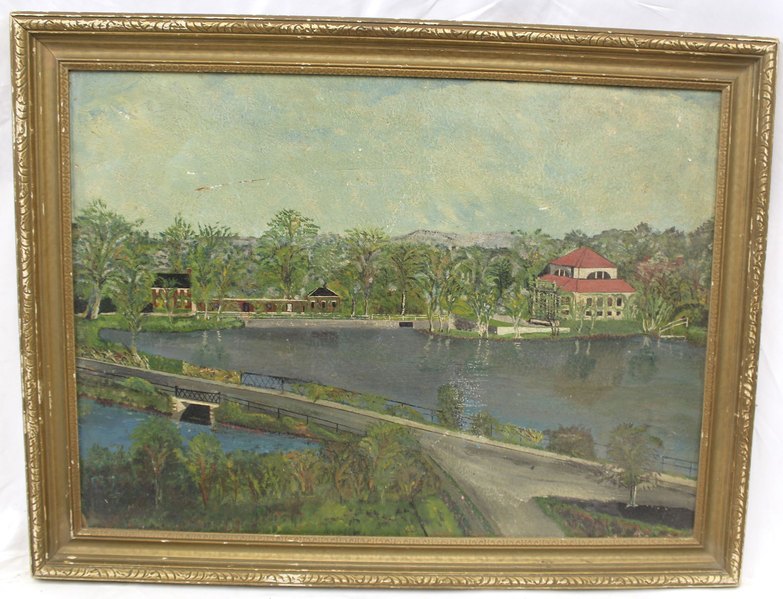 Unsigned o/bd landscape w houses & bridge over water - overall framed size (1 of 8)