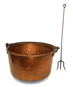 Large antique copper wash bucket w long handled iron fork
