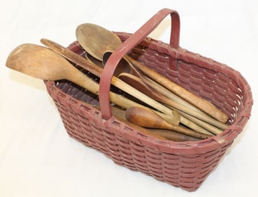 Antique treen lot of utensils in red fixed handled basket