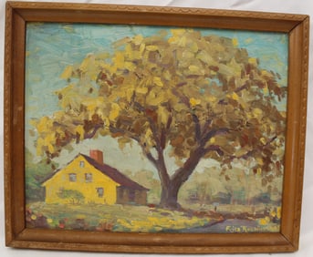 Signed Fritz Robbins o/bd landscape titled on verso "His Old Homestead on Old Bristol Road in New